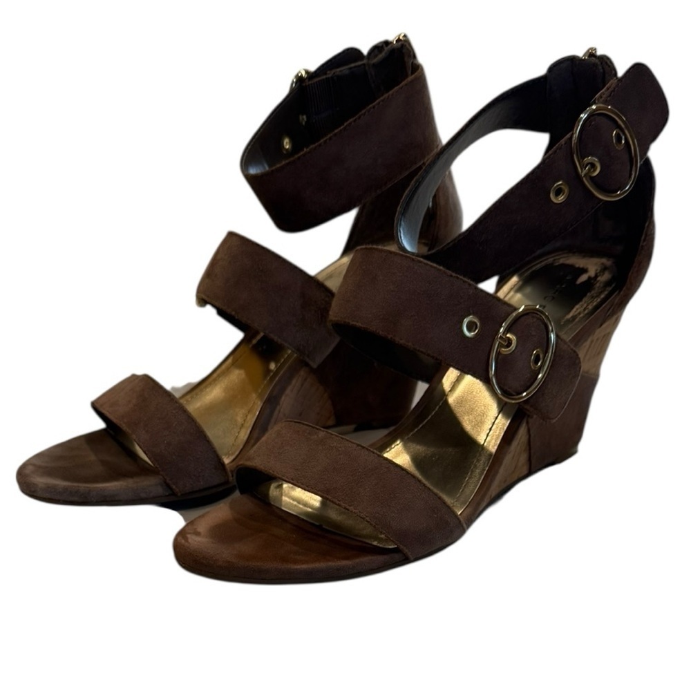 Mark Fisher Camber 8.5 Brown Suede Cork Wedge Sandals